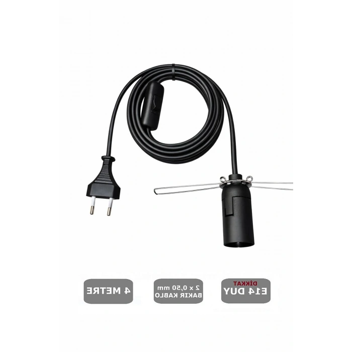 E14 Duylu 4 Metre Arapuarlı, Tuz Lambası Duyu Yaylı (2X0,50) (Siyah) 65W