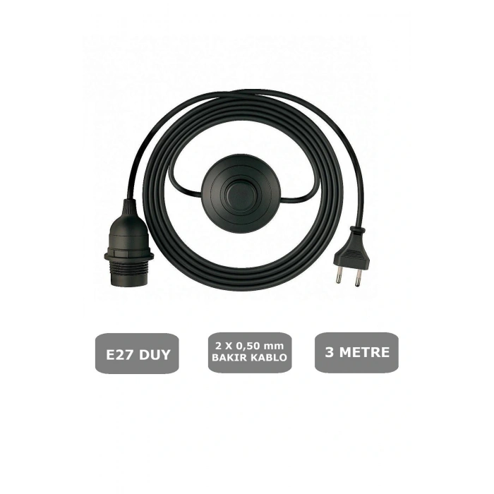 E27 Duylu 3 Metre Yerpuarlı (AÇ KAPAT ANAHTAR) Fişli Seyyar (2X0,50) (SİYAH)