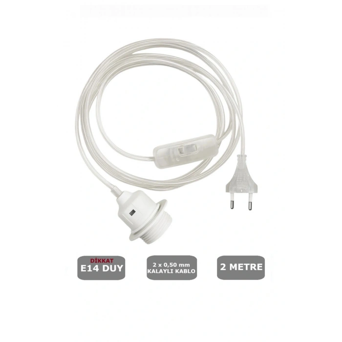 Şeffaf Kablolu E14 Beyaz Duylu, 2 Metre Arapuarlı (Aç Kapat Anahtar) (2X0,50) 65W