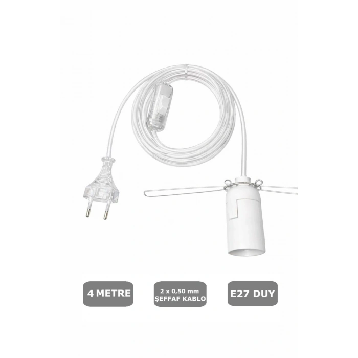 Şeffaf Kablolu E27 Yaylı Beyaz Duylu, 4 Metre Arapuarlı (2X0,50) 65W