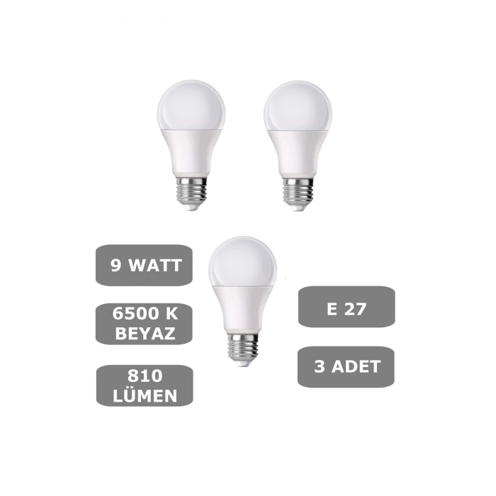 9W E27 Led Ampul 6500K Beyaz Işık (810 Lümen) (3 Adet)