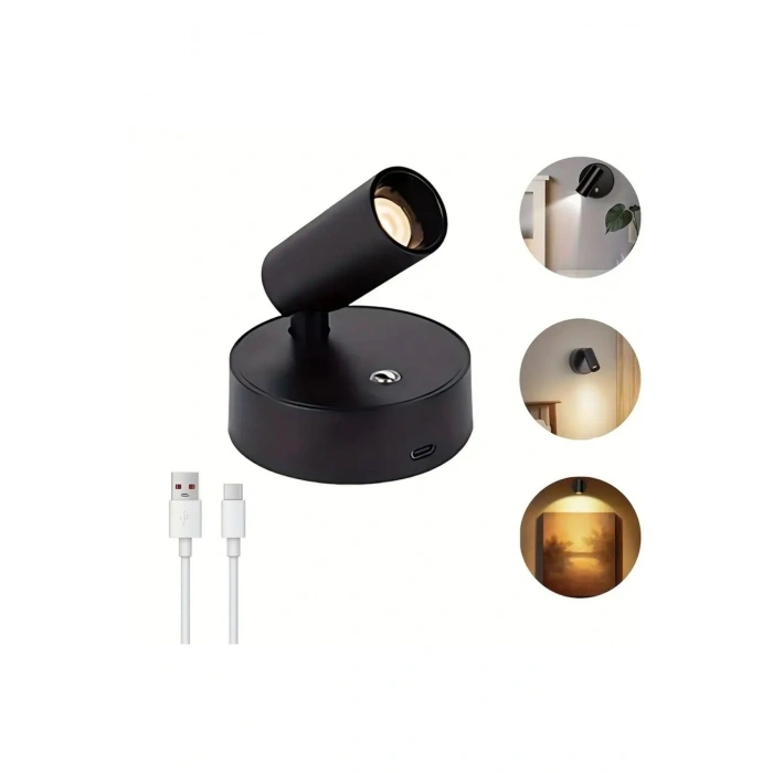 Dokunmatik Şarjlı Led Aplik Yönlendirilebilir (Usb Type C Şarjlı) 3 Mod Renkli, Dimmerli