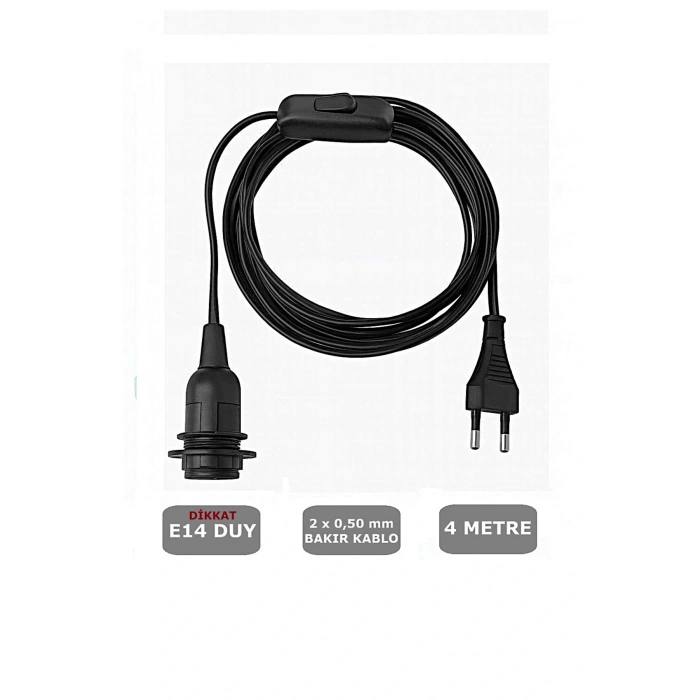 E14 Duylu 4 Metre Arapuarlı (AÇ KAPAT ANAHTAR) Fişli Seyyar (2X0,50) (SİYAH) 65W
