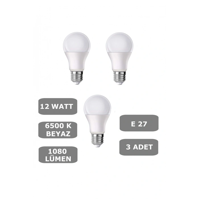 12W E27 Led Ampul 6500K Beyaz Işık (1080 Lümen) (3 Adet)