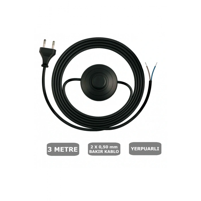 Fişli Yerpuarlı Kablo (Yassı)- Anahtarlı (2X0,50) Siyah - 3 Metre