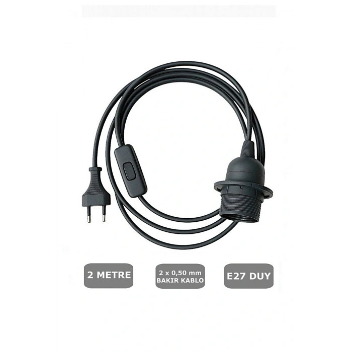 E27 Duylu 2 Metre Arapuarlı (Aç Kapat Anahtar) Fişli Abajur Duyu Seyyar (2X0,50) (Siyah) 65W