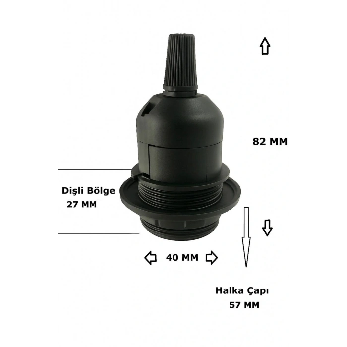 E27 Duylu 2 Metre Arapuarlı (Aç Kapat Anahtar) Fişli Abajur Duyu Seyyar (2X0,50) (Siyah) 65W