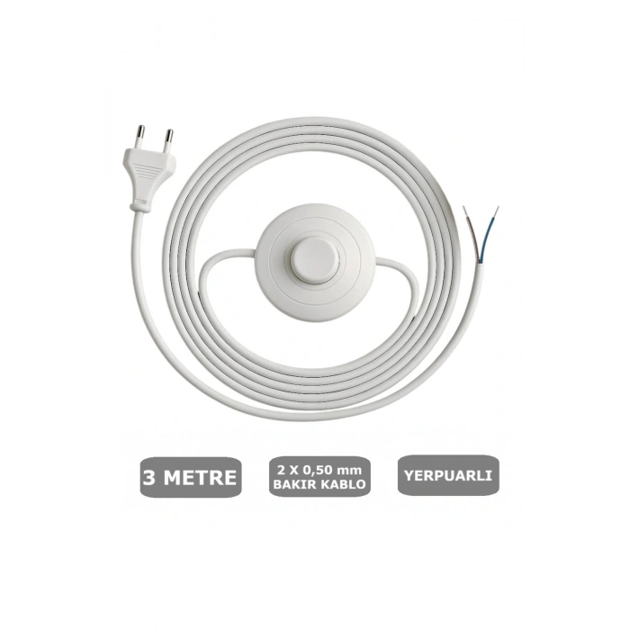 Fişli Yerpuarlı Kablo (Yassı)- Anahtarlı (2X0,50) Beyaz - 3 Metre