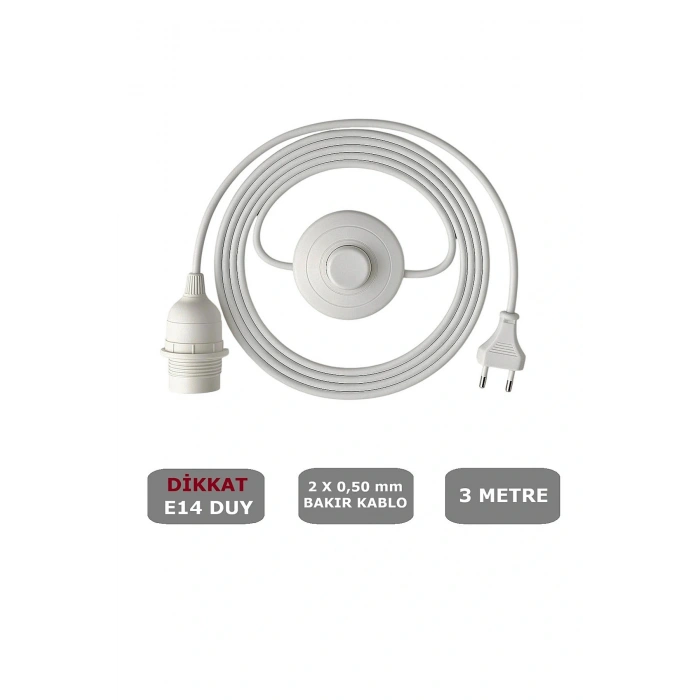 E14 Duylu 3 Metre Yerpuarlı (AÇ KAPAT ANAHTAR) Fişli Seyyar (2X0,50) (BEYAZ)