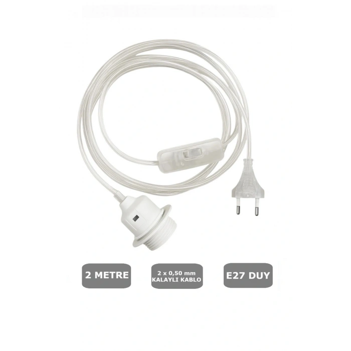 Şeffaf Kablolu E27 Beyaz Duylu, 2 Metre Arapuarlı (Aç Kapat Anahtar) (2X0,50) 65W