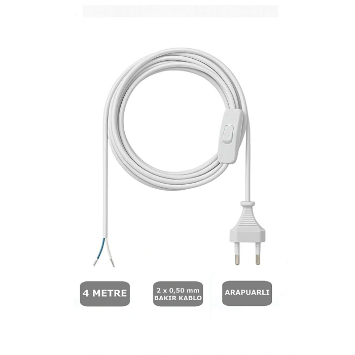 Fişli Arapuarlı Kablo (Yassı)- Anahtarlı (2X0,50) Beyaz - 4 Metre