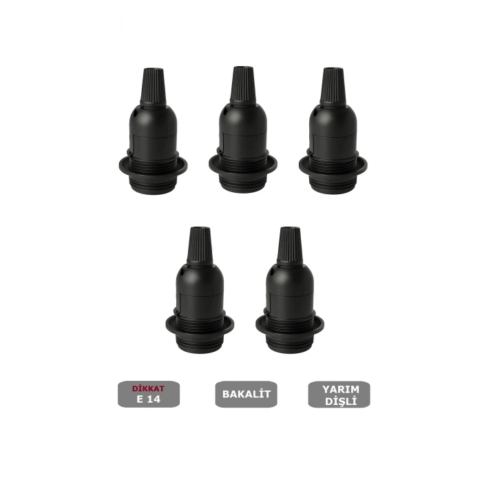 Italyan E14 Duy (MİNİ DUY) Bakalit Geçmeli Yarım Diş Siyah (250V-2A) 5 Adet