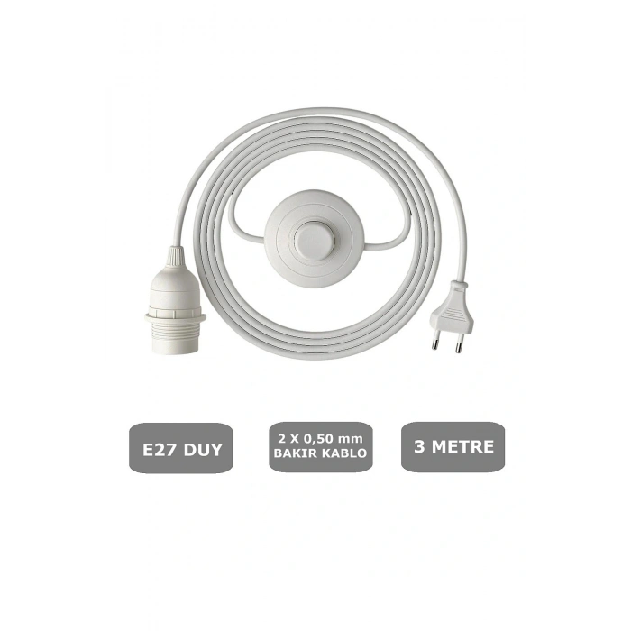 E27 Duylu 3 Metre Yerpuarlı (AÇ KAPAT ANAHTAR) Fişli Seyyar (2X0,50) (BEYAZ)