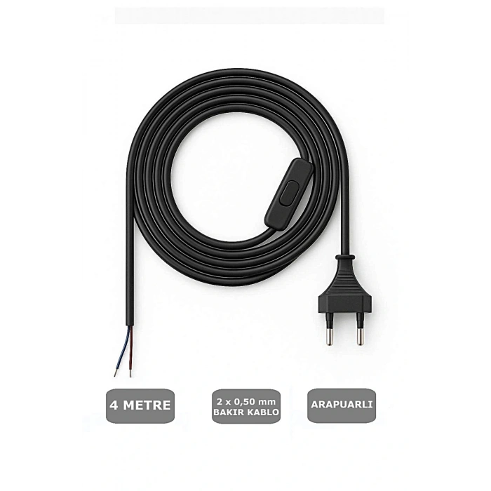 Fişli Arapuarlı Kablo (Yassı)- Anahtarlı (2X0,50) Siyah - 4 Metre
