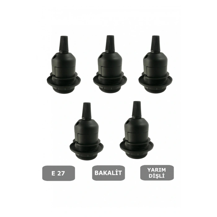 E27 Duy Geçmeli Yarım Diş Avize, Abajur, Lambader Duyu Halkalı - Bakalit Siyah (250V-4A) 5 Adet