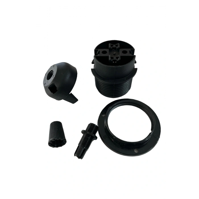 E27 Duy Geçmeli Yarım Diş Avize, Abajur, Lambader Duyu Halkalı - Bakalit Siyah (250V-4A) 5 Adet