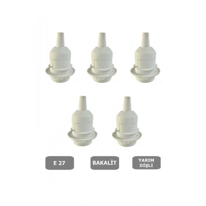 E27 Duy Geçmeli Yarım Diş Avize, Abajur, Lambader Duyu Halkalı - Bakalit Beyaz (250V-4A) 5 Adet