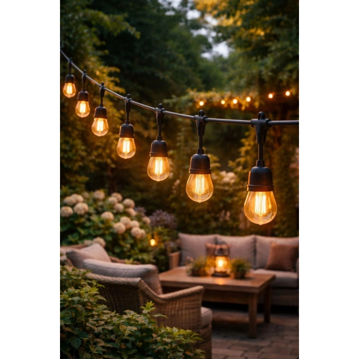 Sıralı Bahçe Duyu 10 Metre Kablolu 10 Duy E27 Su Geçirmez Dış Mekan, Fişli Kullanıma Hazır
