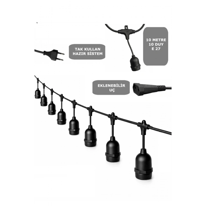 Sıralı Bahçe Duyu 10 Metre Kablolu 10 Duy E27 Su Geçirmez Dış Mekan, Fişli Kullanıma Hazır