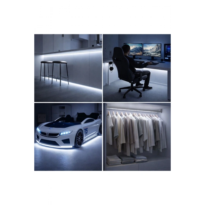 2 Metre Şerit Led ve 2 Metre Arapuarlı Kablolu Tak Kullan Led Aydınlatma (6500K Beyaz)