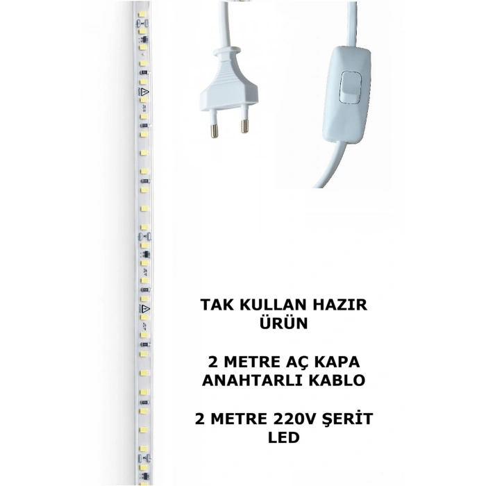 2 Metre Şerit Led ve 2 Metre Arapuarlı Kablolu Tak Kullan Led Aydınlatma (6500K Beyaz)