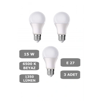 15W E27 Led Ampul 6500K Beyaz Işık (1350 Lümen) (3 Adet)