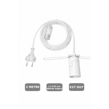 Şeffaf Kablolu E27 Yaylı Beyaz Duylu, 2 Metre Arapuarlı (2X0,50) 65W