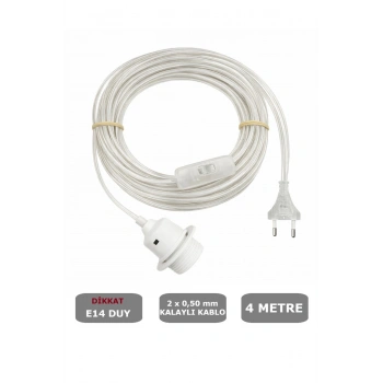 Şeffaf Kablolu E14 Beyaz Duylu, 4 Metre Arapuarlı (Aç Kapat Anahtar) (2X0,50) 65W