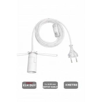 Şeffaf Kablolu E14 Yaylı Beyaz Duylu, Tuz Lambası Duyu 4 Metre Arapuarlı (2X0,50) 65W
