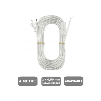 ŞEFFAF, Fişli Arapuarlı Kablo - Anahtarlı (2X0,50) Yassı Kablo - 4 Metre