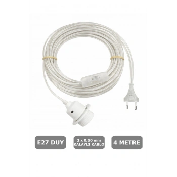 Şeffaf Kablolu E27 Beyaz Duylu, 4 Metre Arapuarlı (Aç Kapat Anahtar) (2X0,50) 65W
