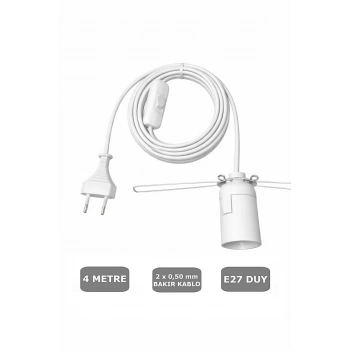 E27 Duylu 4 Metre Arapuarlı (Aç Kapat Anahtar) Yaylı Duy (2X0,50) (Beyaz) 65W