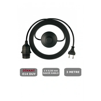 E14 Duylu 3 Metre Yerpuarlı (AÇ KAPAT ANAHTAR) Fişli Seyyar (2X0,50) (SİYAH)