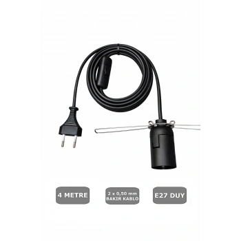 E27 Duylu 4 Metre Arapuarlı (Aç Kapat Anahtar) Yaylı Duy (2X0,50) (Siyah) 65W