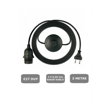 E27 Duylu 3 Metre Yerpuarlı (AÇ KAPAT ANAHTAR) Fişli Seyyar (2X0,50) (SİYAH)