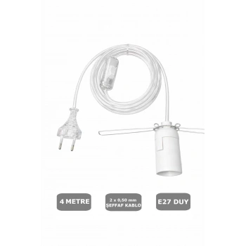 Şeffaf Kablolu E27 Yaylı Beyaz Duylu, 4 Metre Arapuarlı (2X0,50) 65W