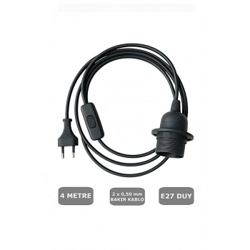 E27 Duylu 4 Metre Arapuarlı (Aç Kapat Anahtar) Fişli Abajur Duyu Seyyar (2X0,50) (Siyah) 65W