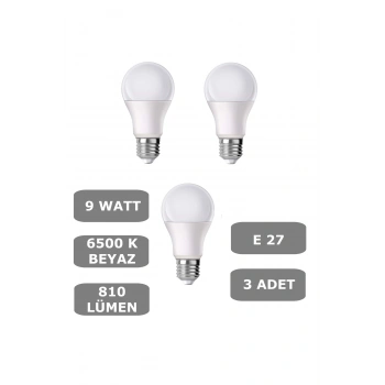 9W E27 Led Ampul 6500K Beyaz Işık (810 Lümen) (3 Adet)