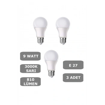 9W E27 Led Ampul 3000K Sıcak Sarı Işık (3 Adet)