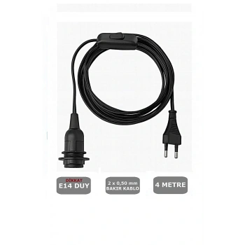 E14 Duylu 4 Metre Arapuarlı (AÇ KAPAT ANAHTAR) Fişli Seyyar (2X0,50) (SİYAH) 65W