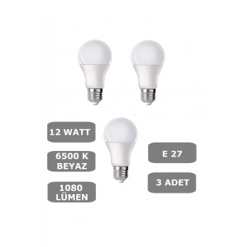 12W E27 Led Ampul 6500K Beyaz Işık (1080 Lümen) (3 Adet)