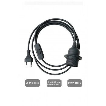 E27 Duylu 2 Metre Arapuarlı (Aç Kapat Anahtar) Fişli Abajur Duyu Seyyar (2X0,50) (Siyah) 65W