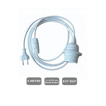 E27 Duylu 4 Metre Arapuarlı (Aç Kapat Anahtar) Fişli Abajur Duyu Seyyar (2X0,50) (Beyaz) 65W