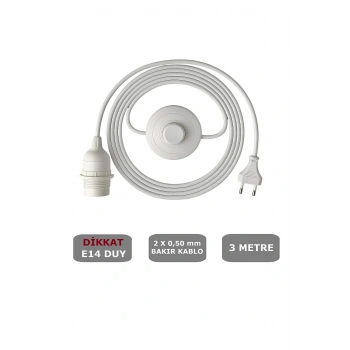 E14 Duylu 3 Metre Yerpuarlı (AÇ KAPAT ANAHTAR) Fişli Seyyar (2X0,50) (BEYAZ)