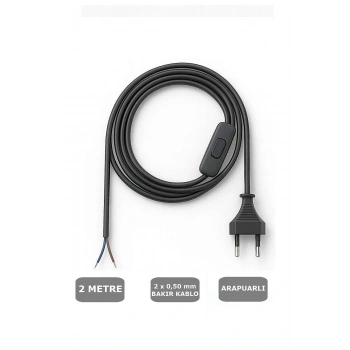 Fişli Arapuarlı Kablo (Yassı)- Anahtarlı (2X0,50) Siyah - 2 Metre