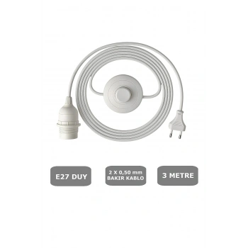 E27 Duylu 3 Metre Yerpuarlı (AÇ KAPAT ANAHTAR) Fişli Seyyar (2X0,50) (BEYAZ)