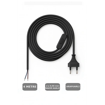 Fişli Arapuarlı Kablo (Yassı)- Anahtarlı (2X0,50) Siyah - 4 Metre