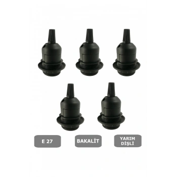 E27 Duy Geçmeli Yarım Diş Avize, Abajur, Lambader Duyu Halkalı - Bakalit Siyah (250V-4A) 5 Adet