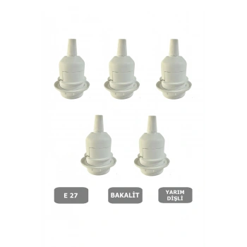 E27 Duy Geçmeli Yarım Diş Avize, Abajur, Lambader Duyu Halkalı - Bakalit Beyaz (250V-4A) 5 Adet