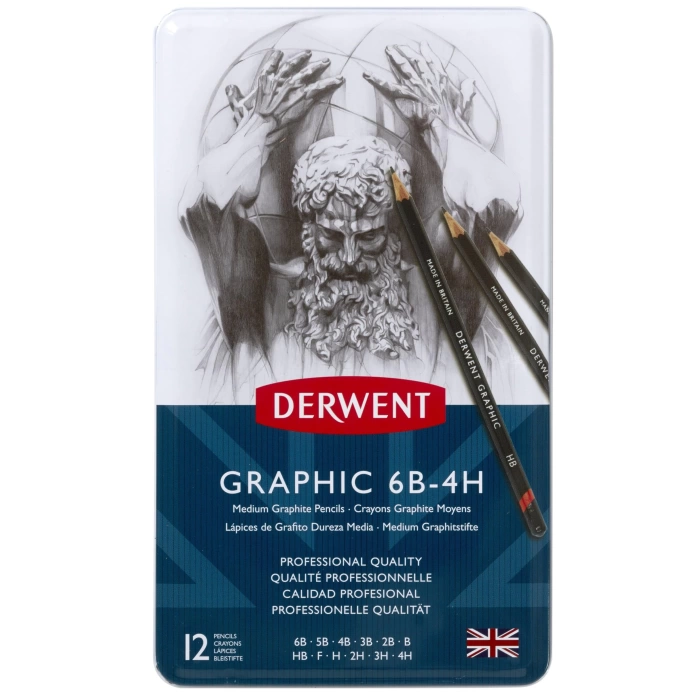 Derwent Graphıc Serisi Dereceli Kalem Seti (9B>H) - 12 Kalem Metal Kutu